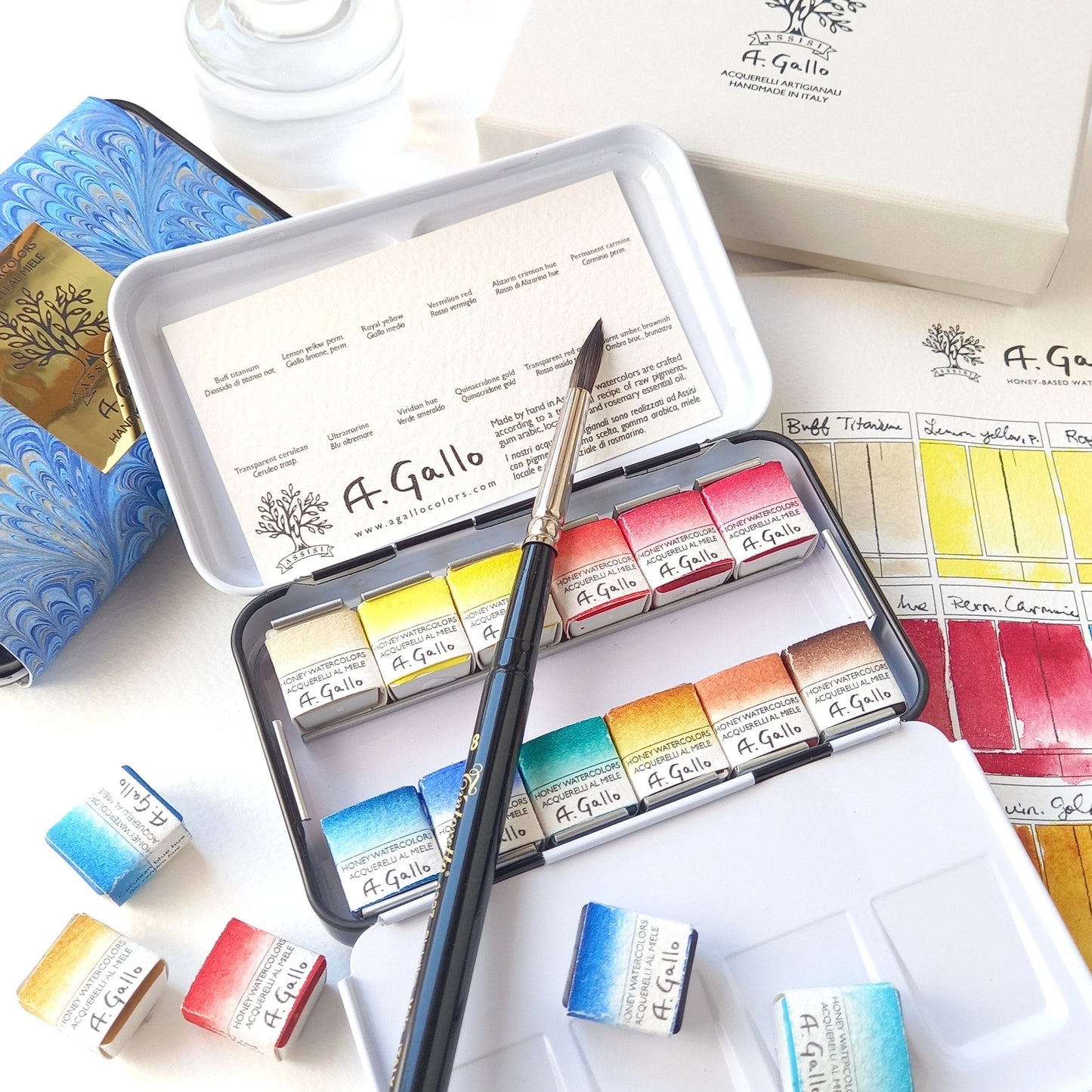 A. Gallo Watercolour Set A. Gallo - Handmade Watercolour Set - Mixing Palette - 12 Half Pans
