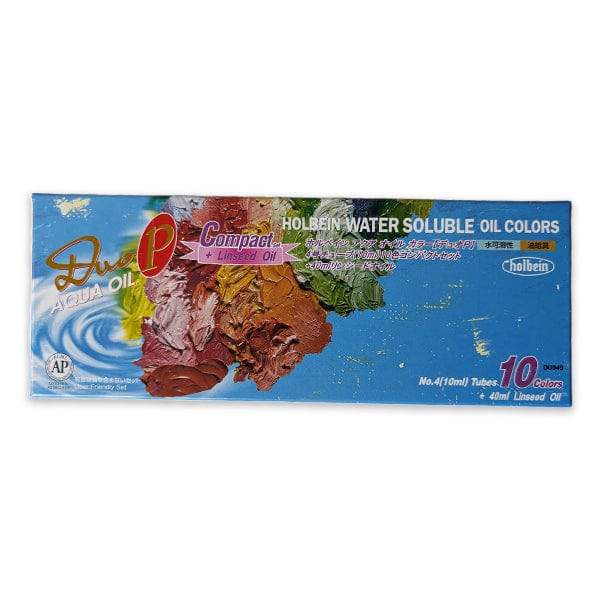 Holbein Artist Materials Water Mixable Oil Colour Set Holbein - DUO Aqua Oil - Water Soluble Oil Colours - 10 Colour Compact Set + Linseed Oil - Item #DU949