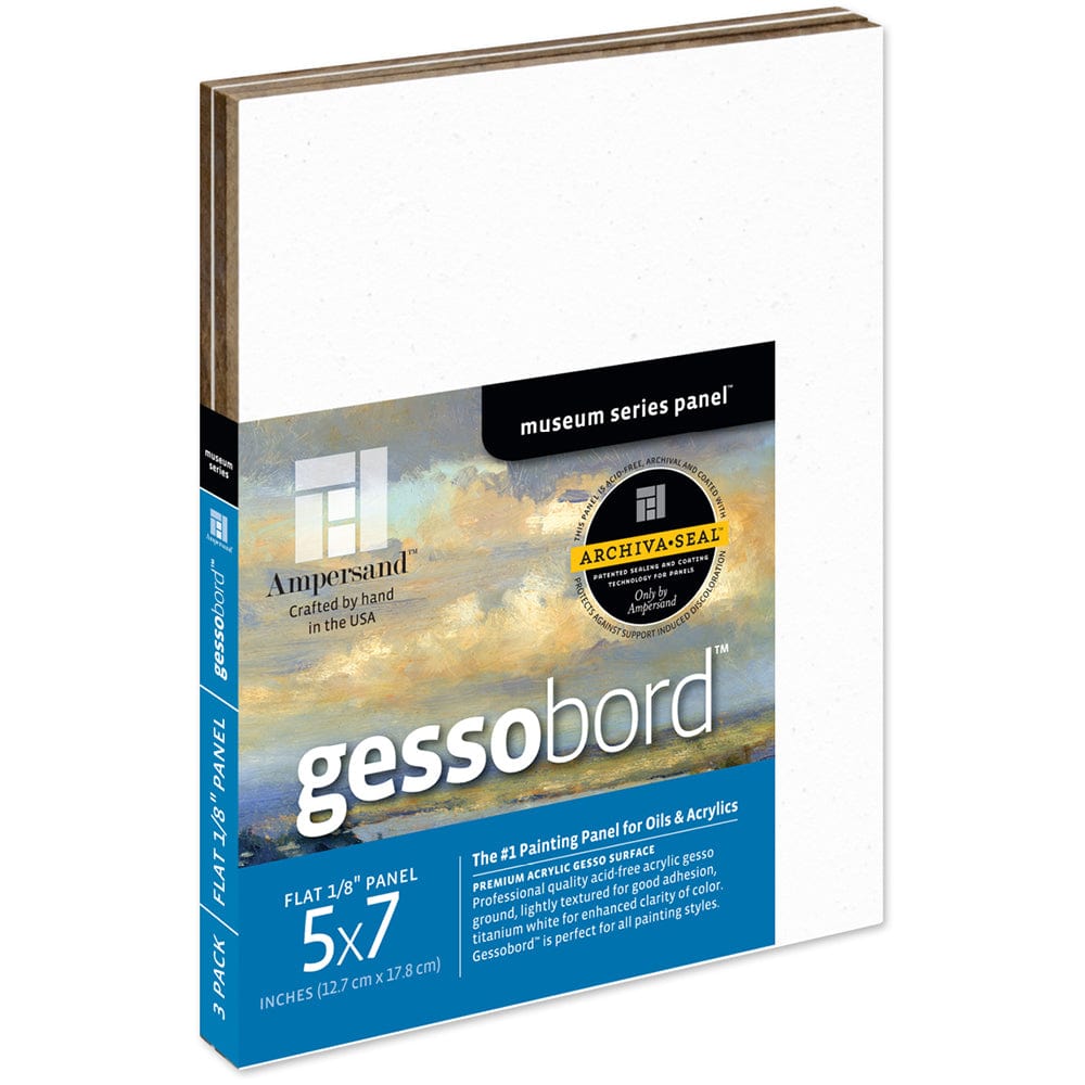 Ampersand Primed Wood Panel Ampersand - Gessobord - 1/8" Flat Panel - 5x7" - 3 Pack