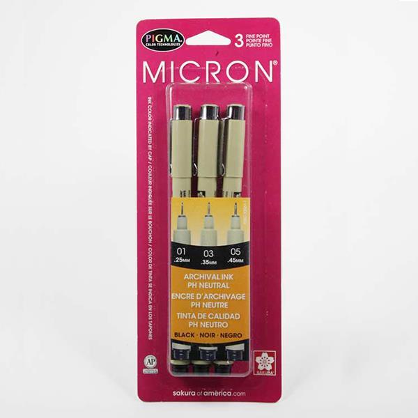 SAKURA PENS Sakura Pigma Micron 3 Piece Set of Black Pens Sizes 01, .03 and .05 widths