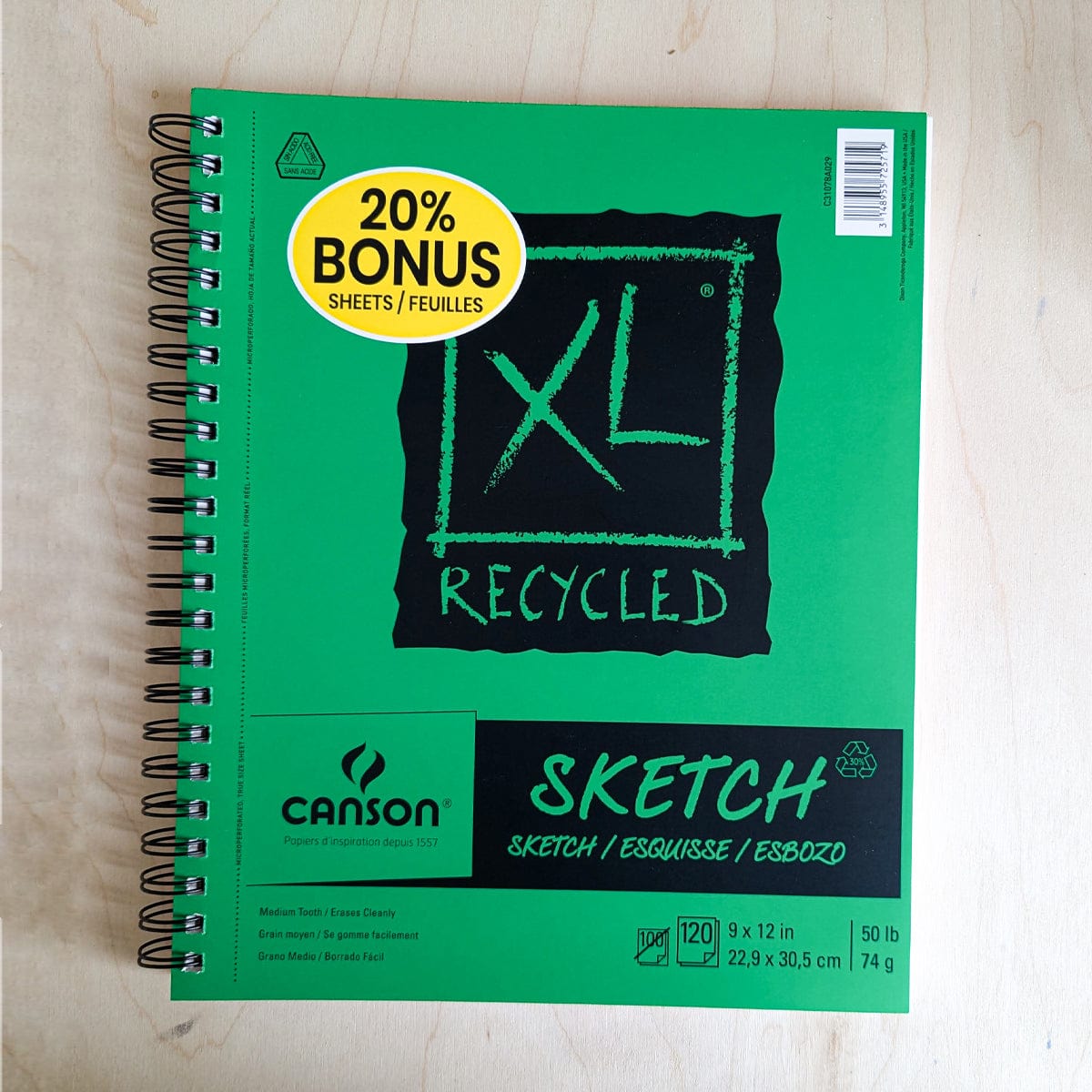 Canson Drawing Pad - Spiralbound Canson - XL - Bonus Size Recycled Sketch Pad - Side Coil - 9x12"