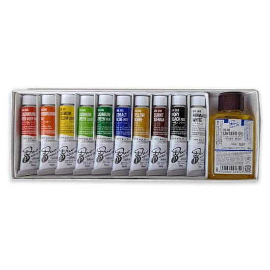 Holbein Artist Materials Water Mixable Oil Colour Set Holbein - DUO Aqua Oil - Water Soluble Oil Colours - 10 Colour Compact Set + Linseed Oil - Item #DU949