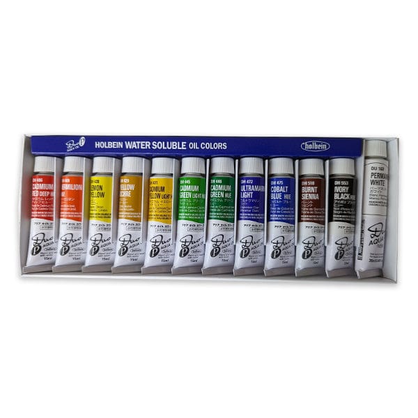 Holbein Artist Materials Water Mixable Oil Colour Set Holbein - DUO Aqua Oil - Water Soluble Oil Colours - 12 Colour Basic Set - Item #DU952