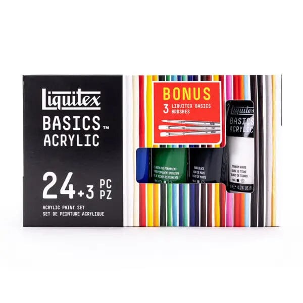 Liquitex Acrylic Paint Set Liquitex - Basics Acrylic Colours - Set of 24 x 22mL Tubes with 3 Bonus Brushes