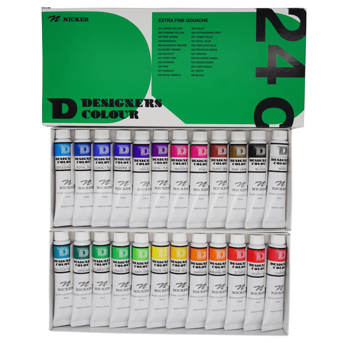 Nicker Colour Designer Gouache Set Nicker - Designers Colour Gouache - Set of 24 Colours - 20mL Tubes
