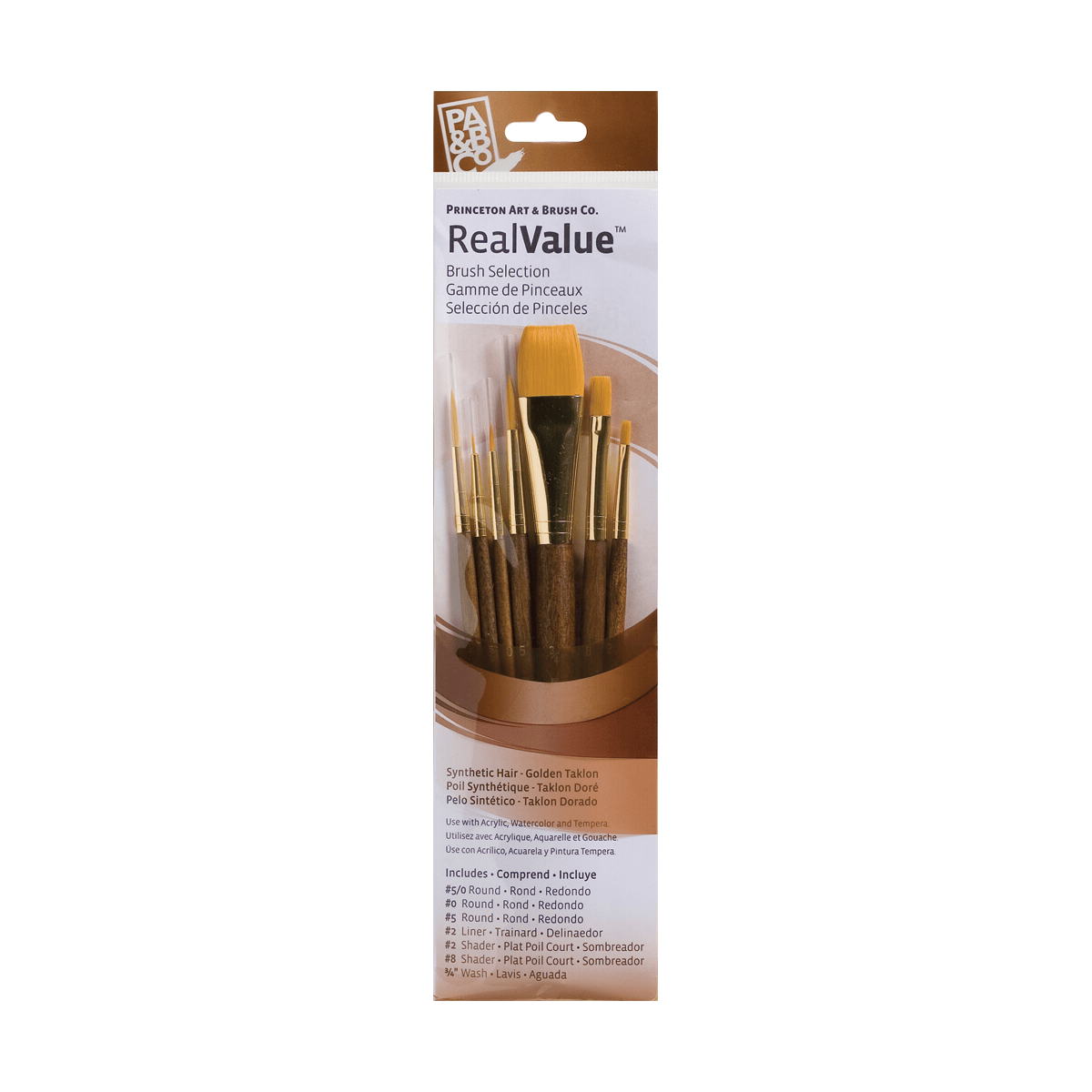 Princeton Artist Brush Co. Synthetic Brush Set Princeton - Real Value - Short Handle Gold Taklon Brushes - Set #9141 - 7 Pack