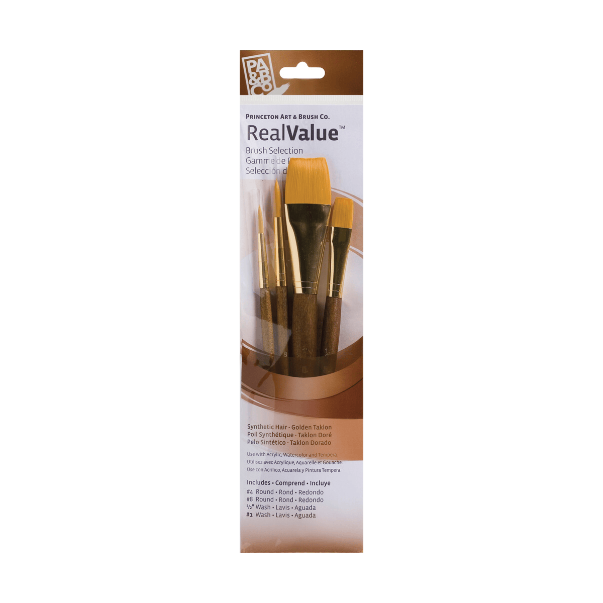 Princeton Artist Brush Co. Synthetic Brush Set Princeton - Real Value - Short Handle Gold Taklon Brushes - Set #9146 - 4 Pack
