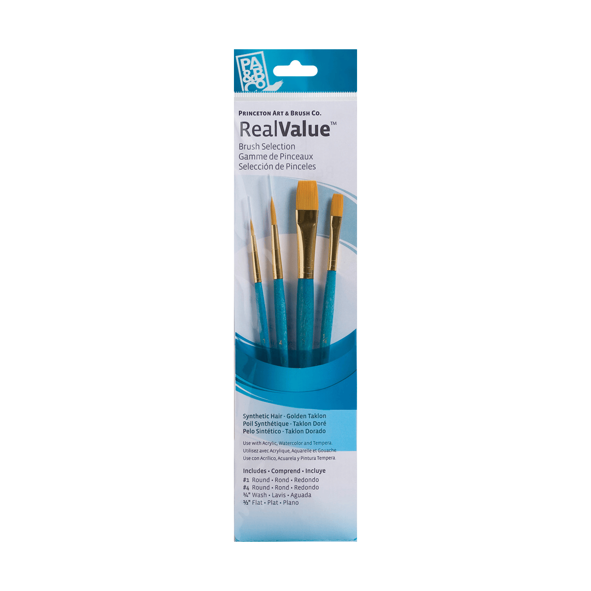 Princeton Artist Brush Co. Synthetic Brush Set Princeton - Real Value - Short Handle Gold Taklon Brushes - Set #9171 - 4 Pack