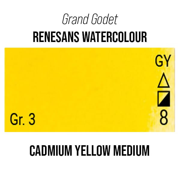 Renesans Watercolour Pan Cadmium Yellow Medium - 3 Renesans - Grand Godet - Extra-Fine Artists' Watercolours - 7mL Pans - Series 3