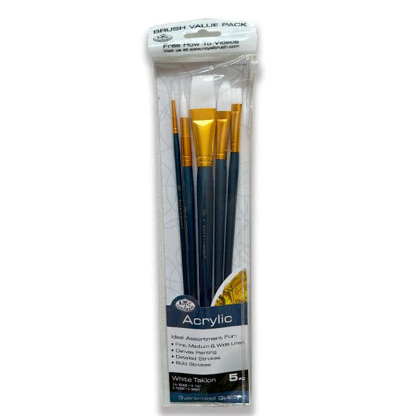 Royal & Langnickel Synthetic Brush Set Royal & Langnickel - Brush Value Pack - 5 White Taklon Brushes - Long Handle Set - Item #RSET-9188
