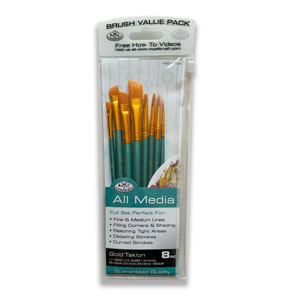 Royal & Langnickel Synthetic Brush Set Royal & Langnickel - Brush Value Pack - 8 Gold Taklon Brushes - Mixed Media Set - Item #RSET-9186