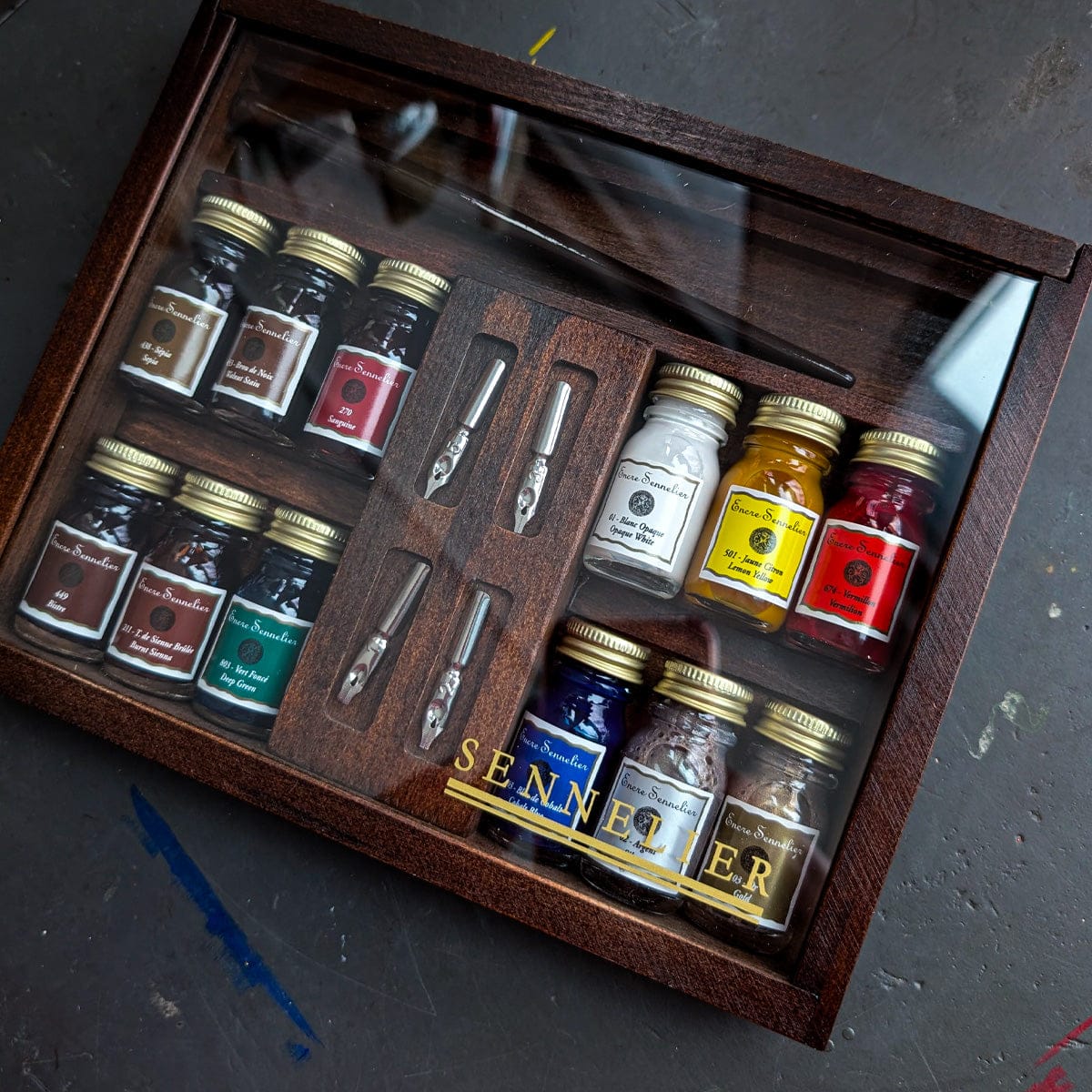 Sennelier Drawing Ink Set Sennelier - Shellac Gum Ink - Wooden Box Set - 12 Colours