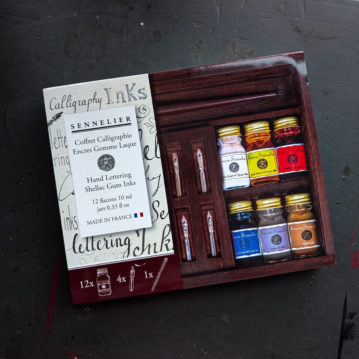 Sennelier Drawing Ink Set Sennelier - Shellac Gum Ink - Wooden Box Set - 12 Colours