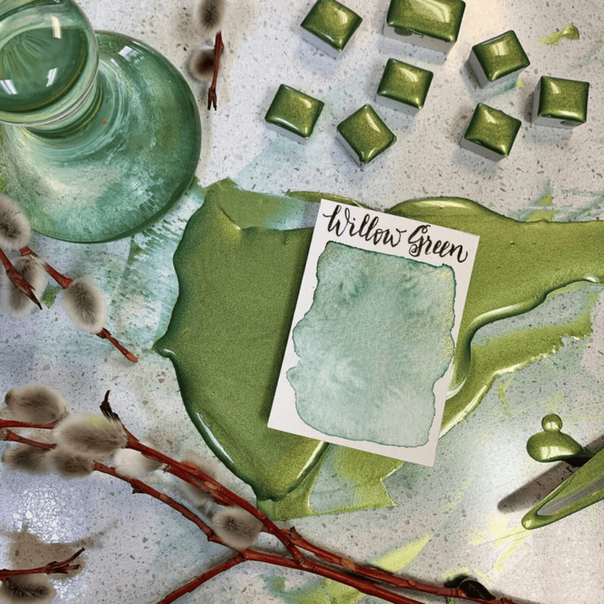 Stoneground Paint Co. Watercolour Pan Willow Green - Pearlescent Stoneground - Watercolour Half Pans - Series 3