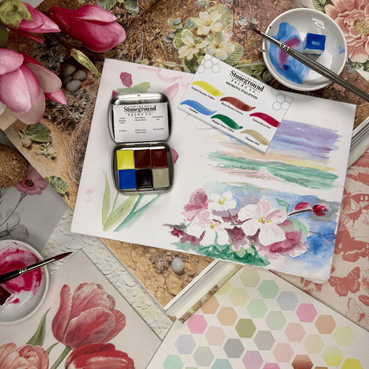 Stoneground Paint Co. Watercolour Set Stoneground - Watercolour Half Pans - Set of 6 Colours - Spring Palette