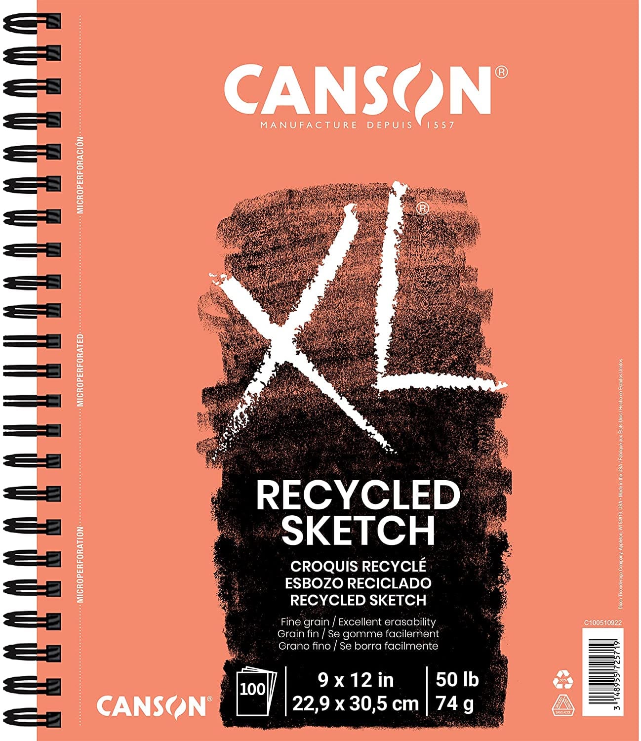 Canson Drawing Pad - Spiralbound Canson - XL - Recycled Sketch Pad - 9x12" - Side Coil - Item #100510922