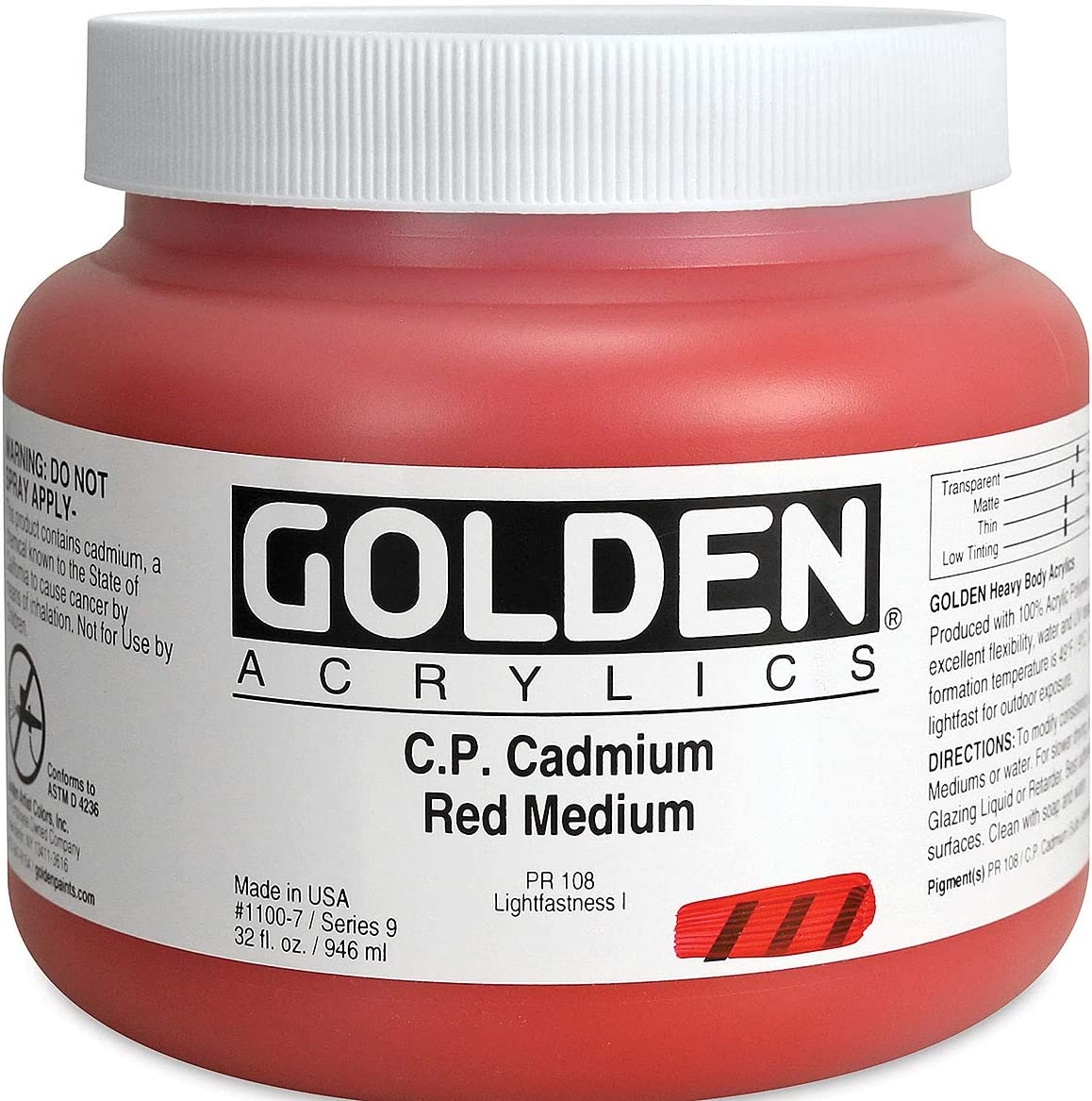 GOLDEN Acrylic Paint CP Cadmium Red Medium Golden - Heavy Body Acrylics - 946mL Jars - Series 9