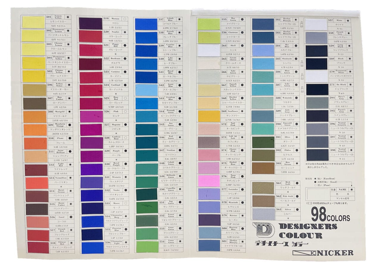 A colour chart of all colours of Nicker's Designer Colour Gouache