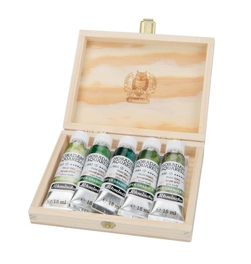 Schmincke Watercolour Set Forest Schmincke - Horadam Aquarell - Super Granulation Watercolours - Wood Box Sets of 5x15mL Tubes